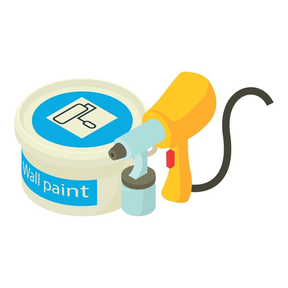 Painting equipment icon isometric vector. Spray gun and wall paint bucket icon vector
