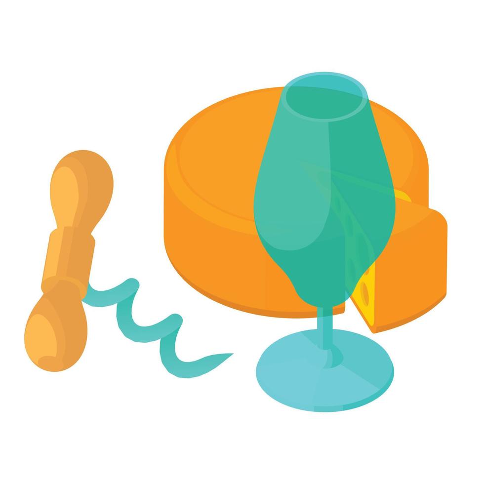 Wine tasting icon isometric vector. Whole head of cheese corkscrew wine glass vector