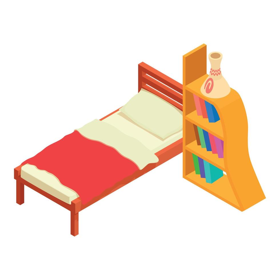 Teen furniture icon isometric vector. Wooden single bed and opened bookcase icon vector