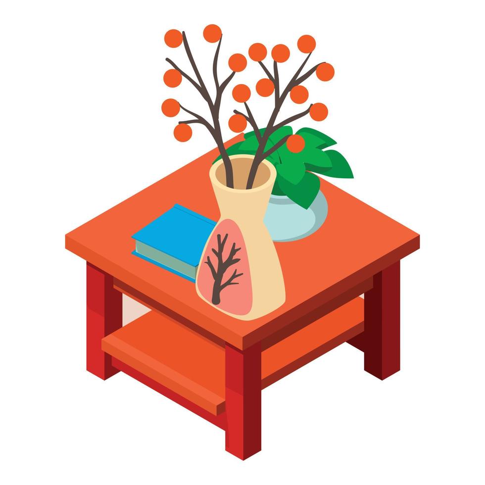 vector isométrico del icono de la mesa de café. mesa cuadrada de madera con libro y maceta