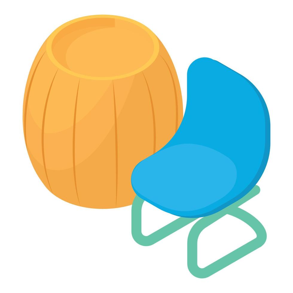 Bar furniture icon isometric vector. Closed wooden barrel and blue chair icon vector