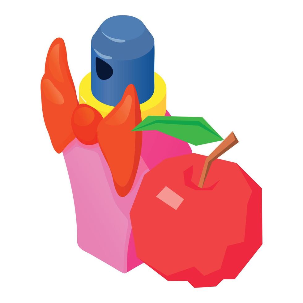 Elegant perfume icon isometric vector. Bottle of perfume and red geometric apple vector