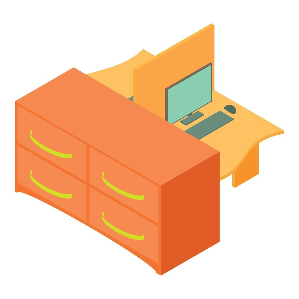 Coworking icon isometric vector. Desktop with computer and cabinet with shelf vector