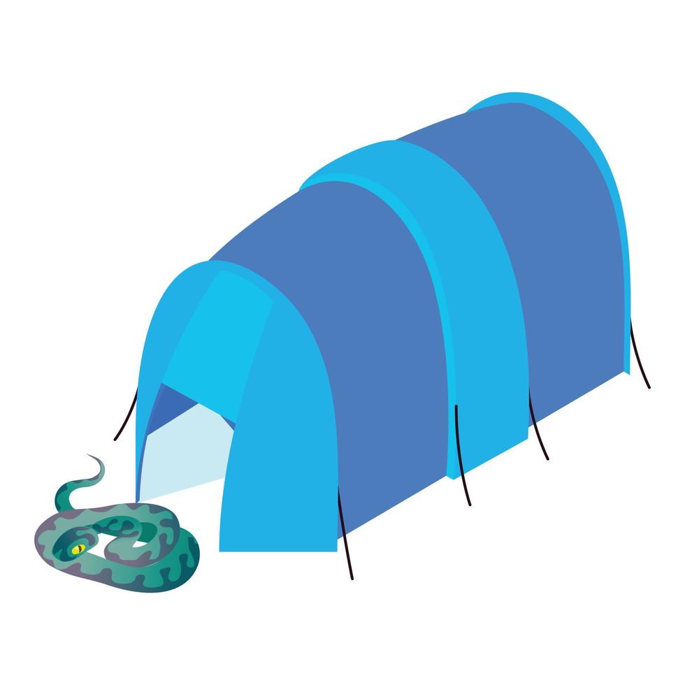 Purple snake icon isometric vector. Snake near blue open tunnel camping tent vector