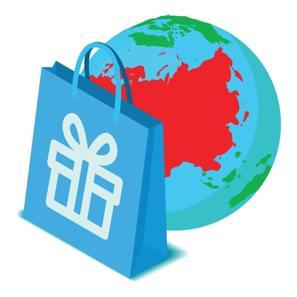 Purchase worldwide icon isometric vector. Shopping bag on globe icon background vector