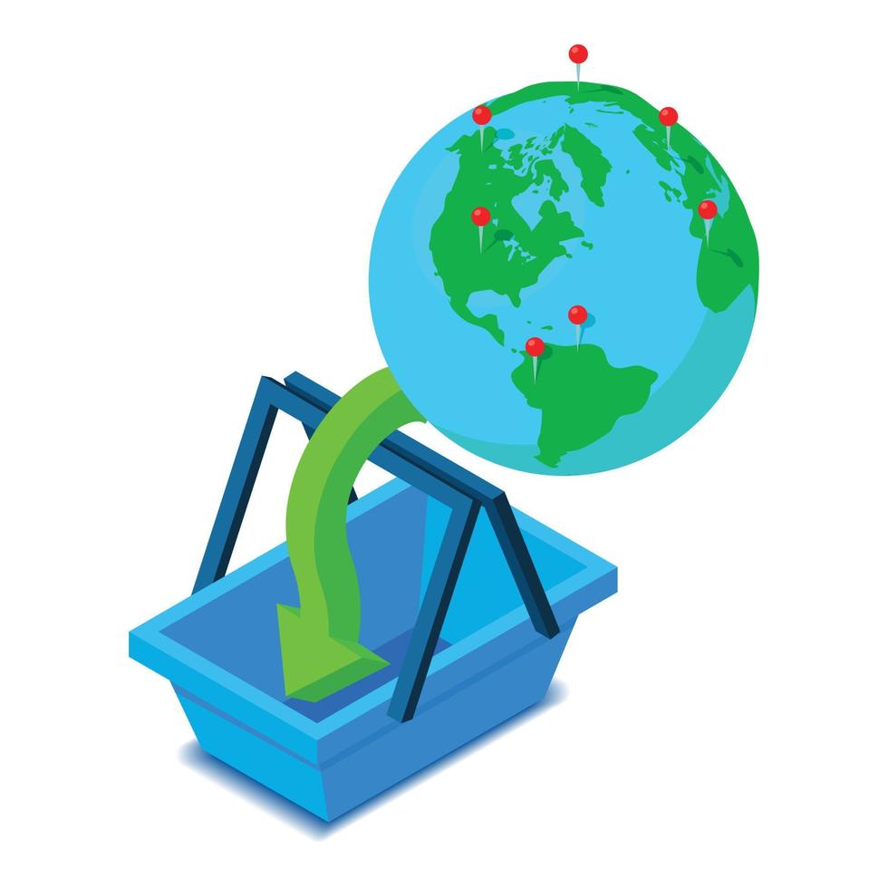Global consumerism icon isometric vector. Globe shopping basket green down arrow vector