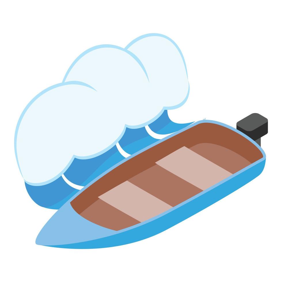 vector isométrico del icono del barco de pesca. barco de madera con motor fuera de borda mar ola