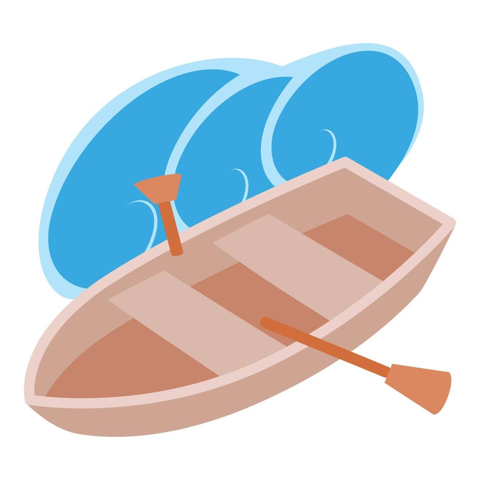 Rowboat icon isometric vector. Wooden fishing boat with paddle and sea wave icon vector