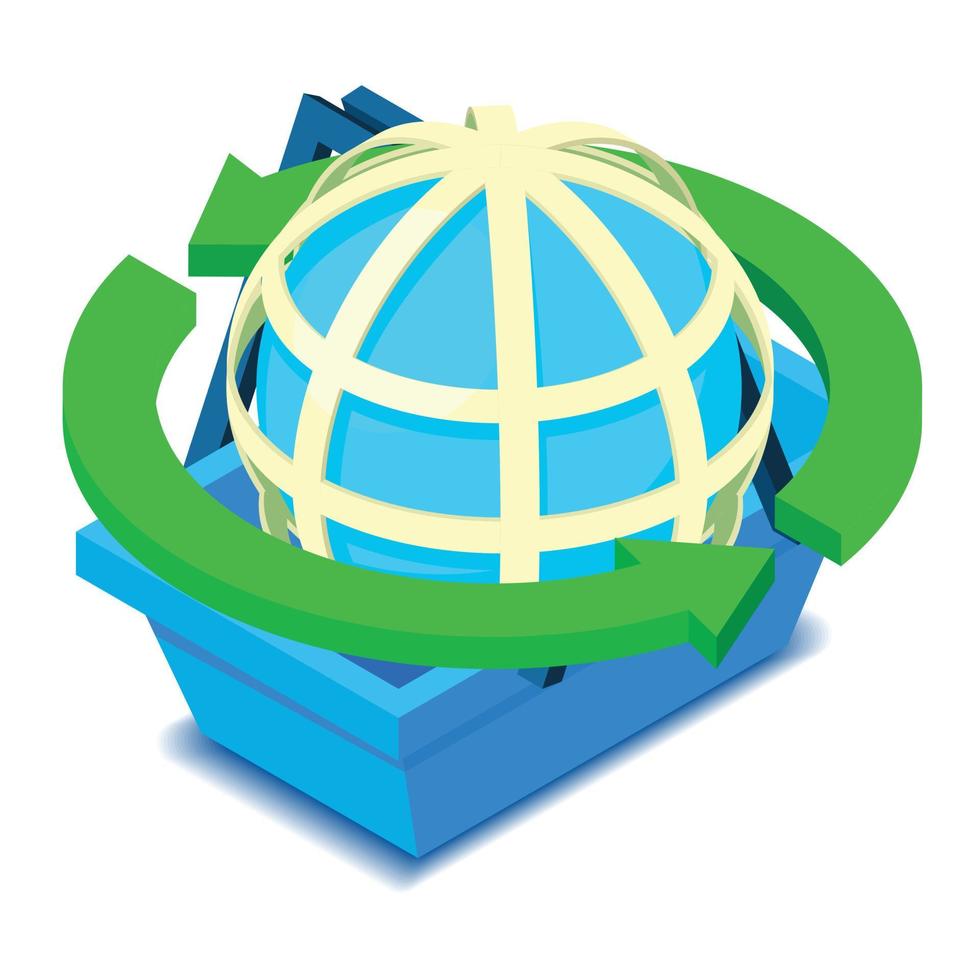 Shopping worldwide icon isometric vector. Arrow around globe grid in shop basket vector