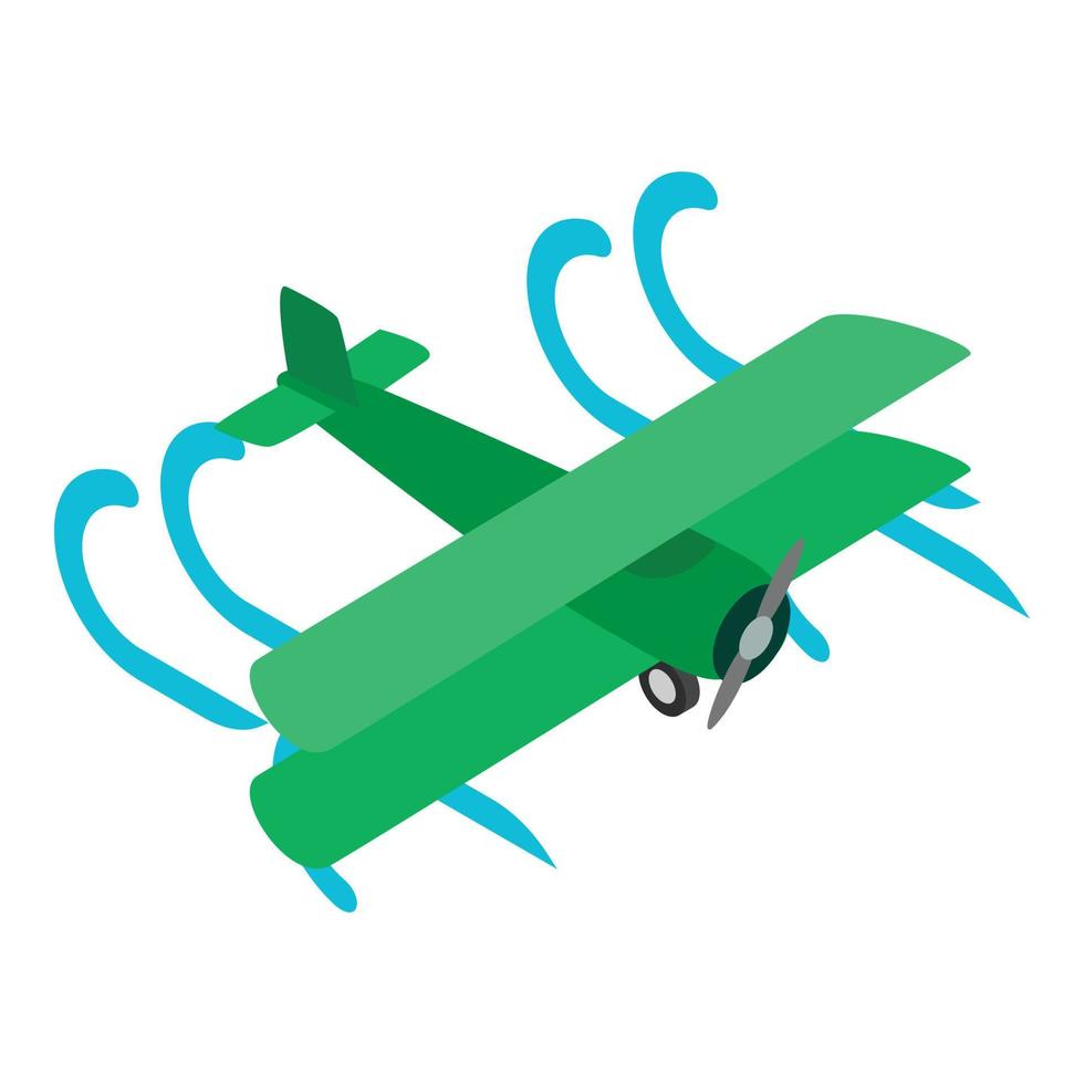 icono de biplano vector isométrico. biplano de un solo rotor verde volando en el flujo de aire