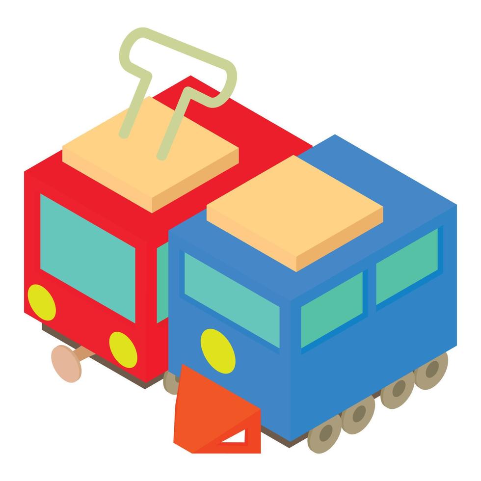 icono de transporte público vector isométrico. tranvía rojo brillante e icono de locomotora azul