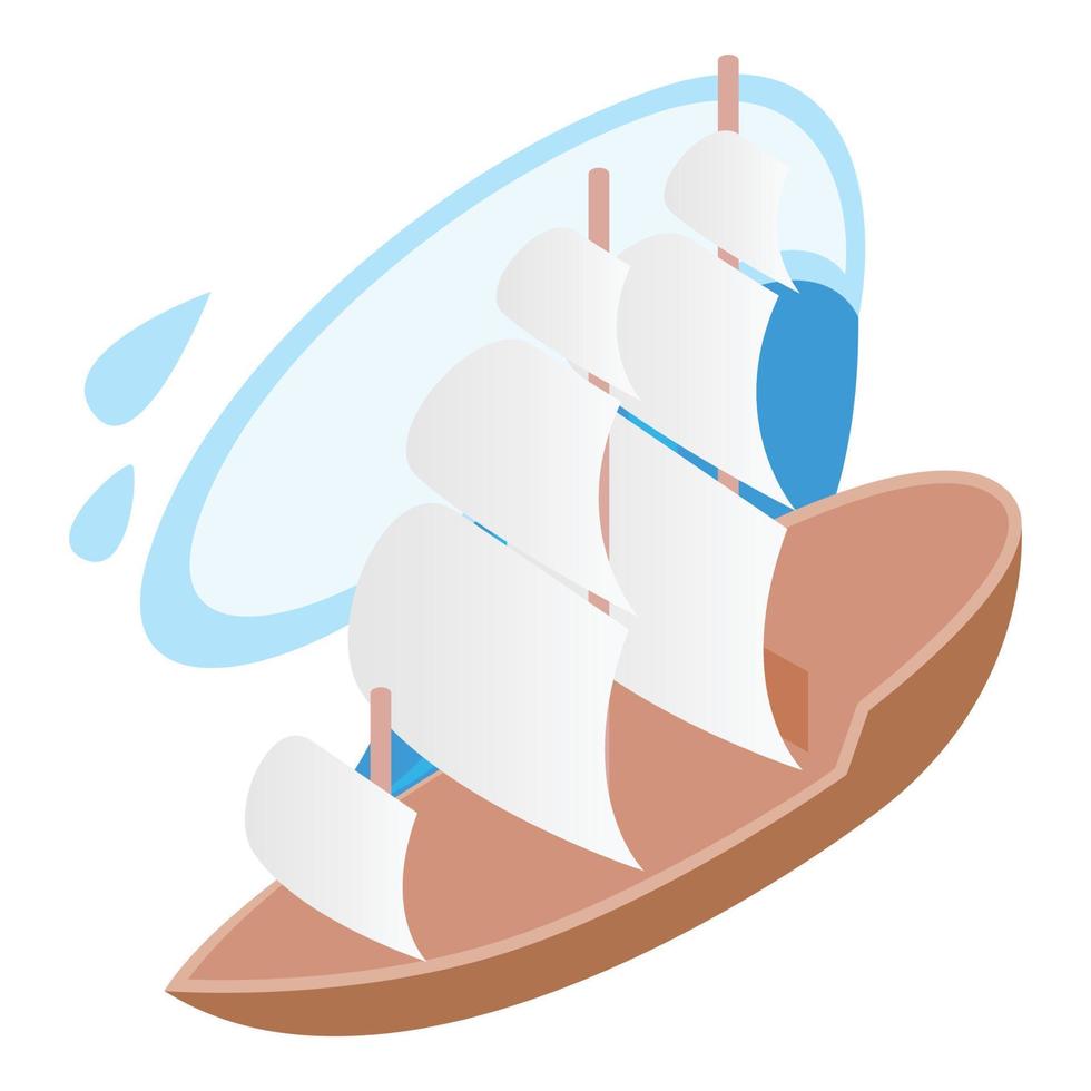 Sailing ship icon isometric vector. Old sea ship with white sail and ocean wave vector