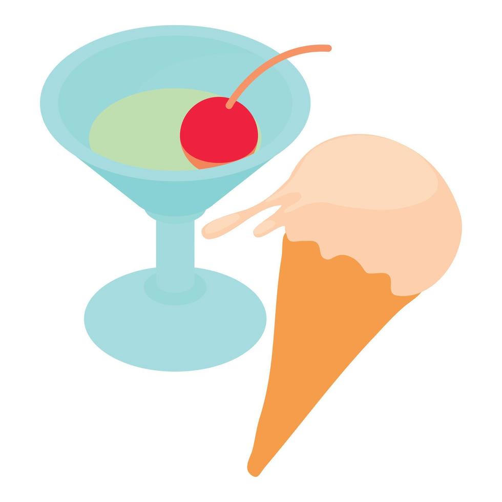 Cafe service icon isometric vector. Glass of martini ice cream in waffle cone vector