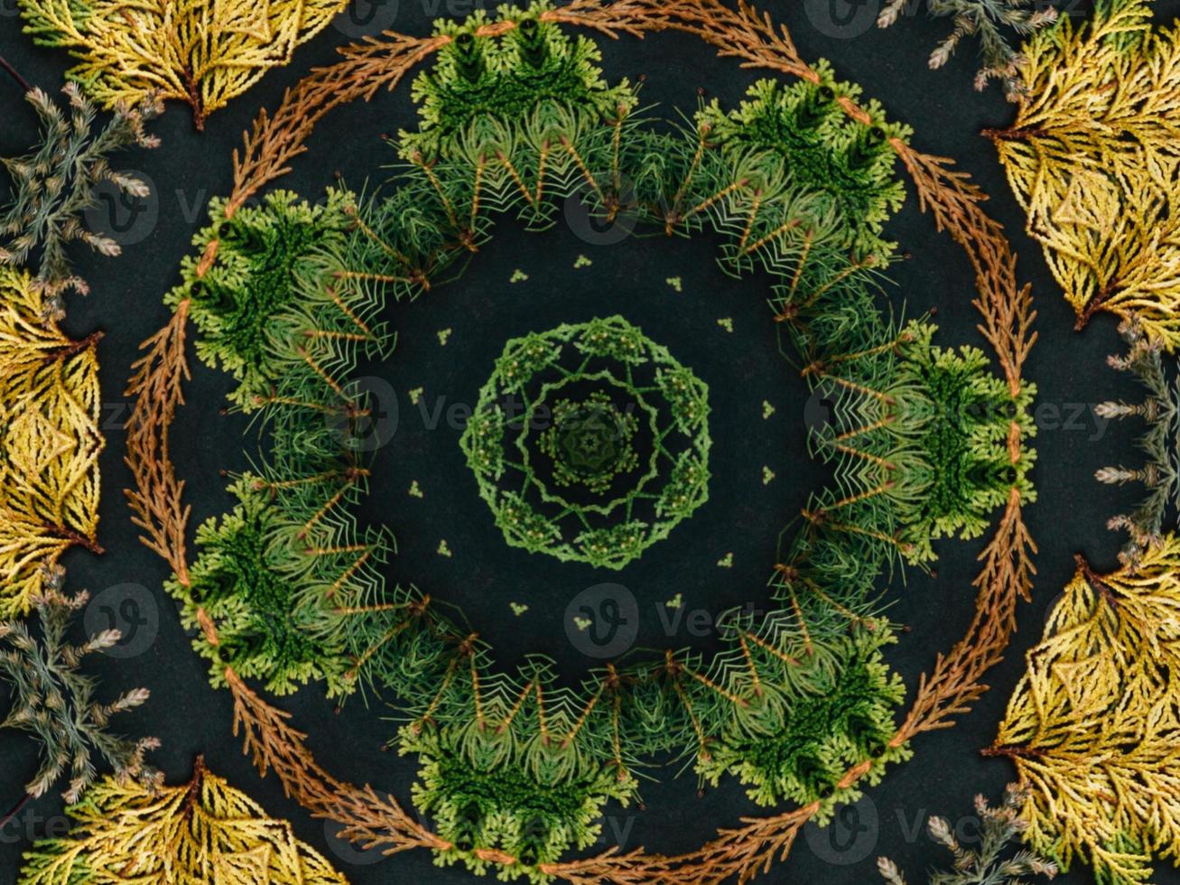 Black abstract kaleidoscope background with leaves ornament for christmas vibes pattern photo