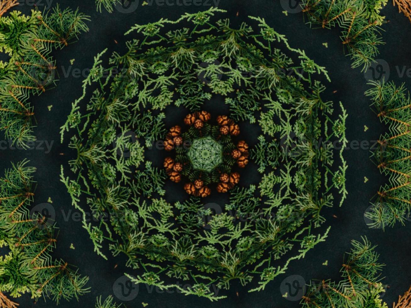 Black abstract kaleidoscope background with leaves ornament for christmas vibes pattern photo
