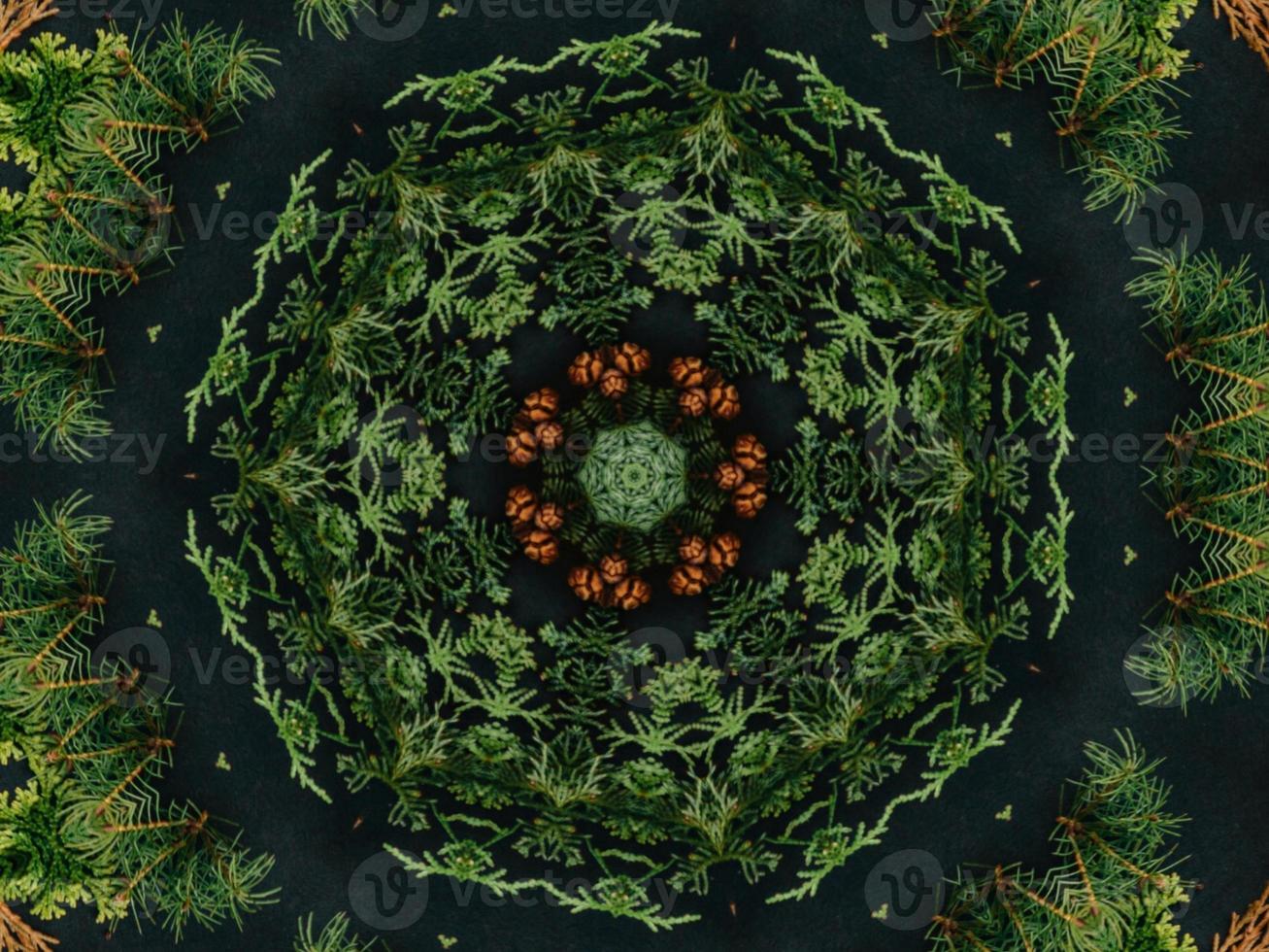 Black abstract kaleidoscope background with leaves ornament for christmas vibes pattern photo