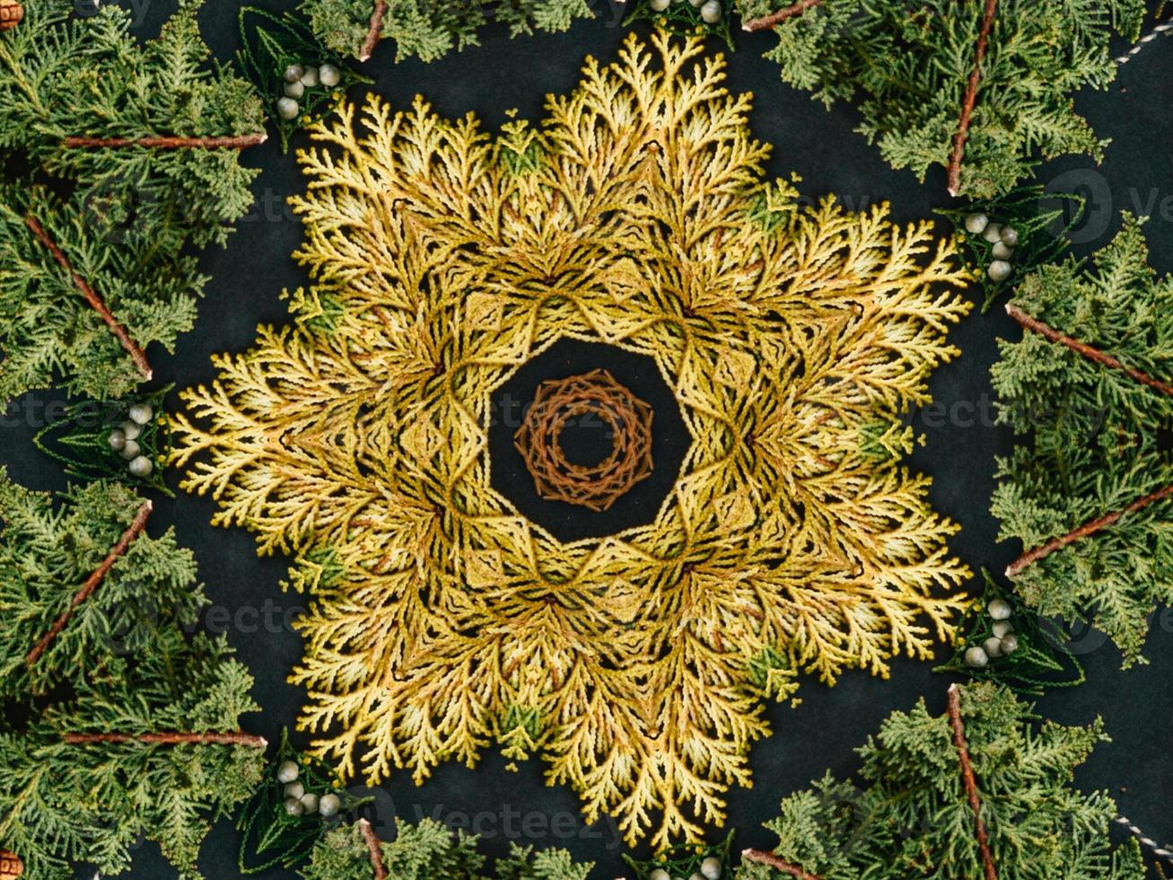 Black abstract kaleidoscope background with leaves ornament for christmas vibes pattern photo