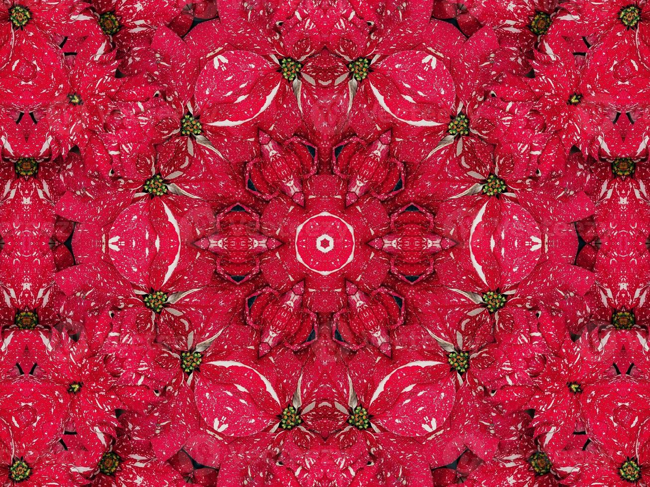 Red floral kaleidoscope background abstract unique and symmetric pattern for christmas vibes photo