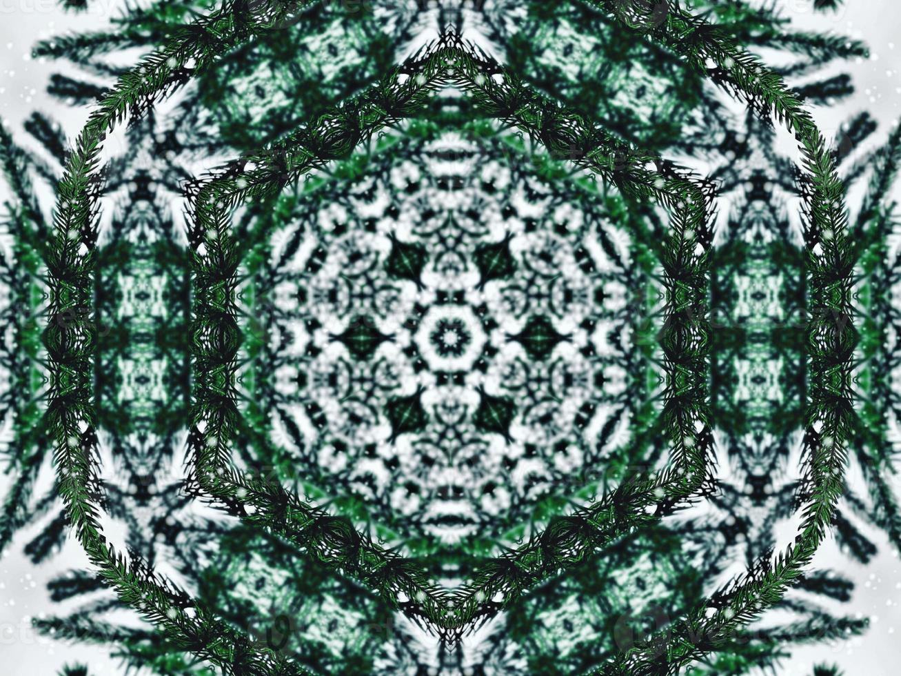 Blurry green leaves kaleidoscope background abstract flower and symmetric pattern for christmas vibes photo
