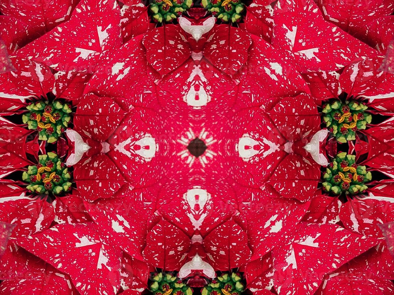 Red floral kaleidoscope background abstract unique and symmetric pattern for christmas vibes photo