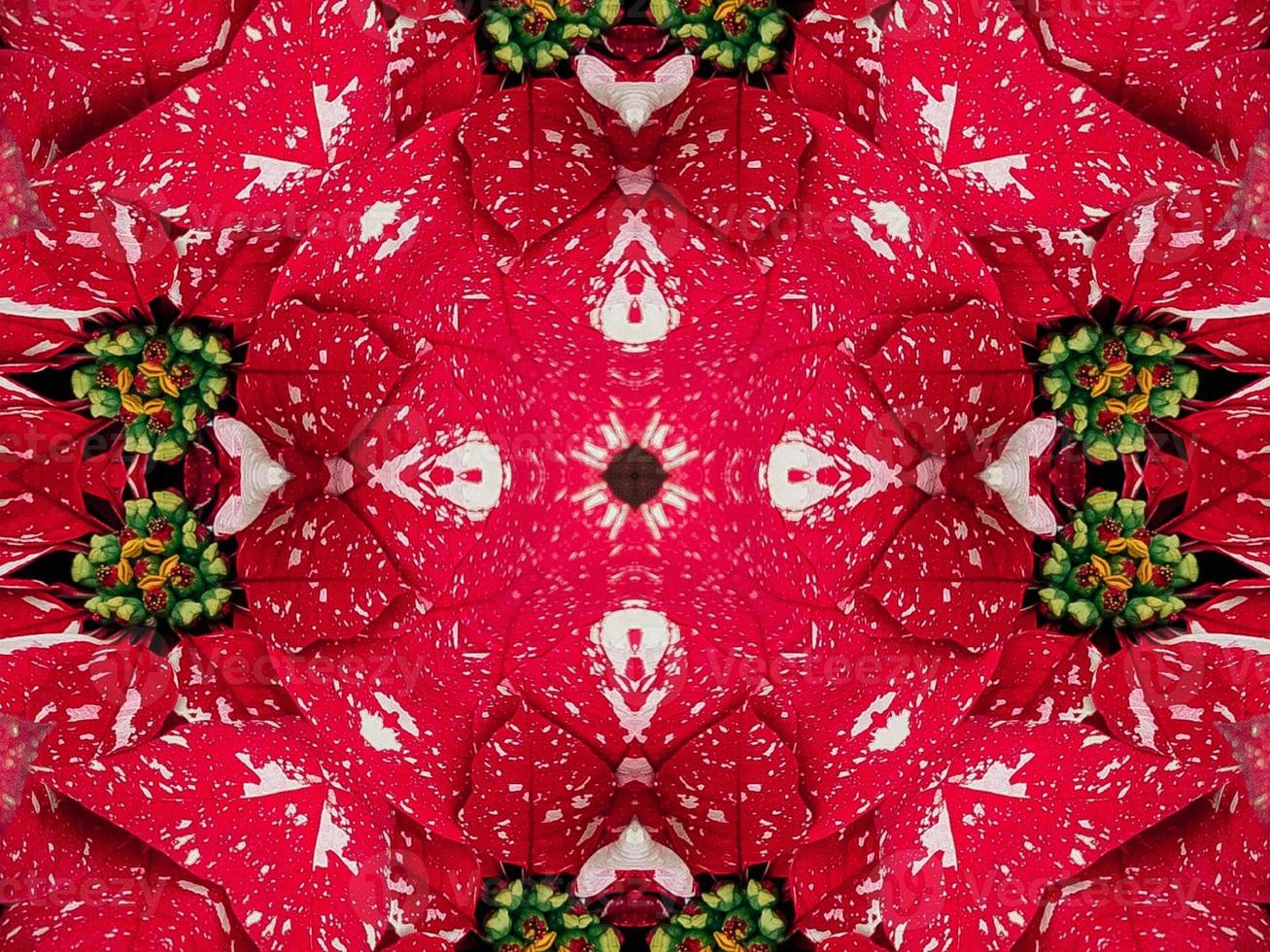 fondo de caleidoscopio floral rojo abstracto patrón único y simétrico para vibraciones navideñas foto