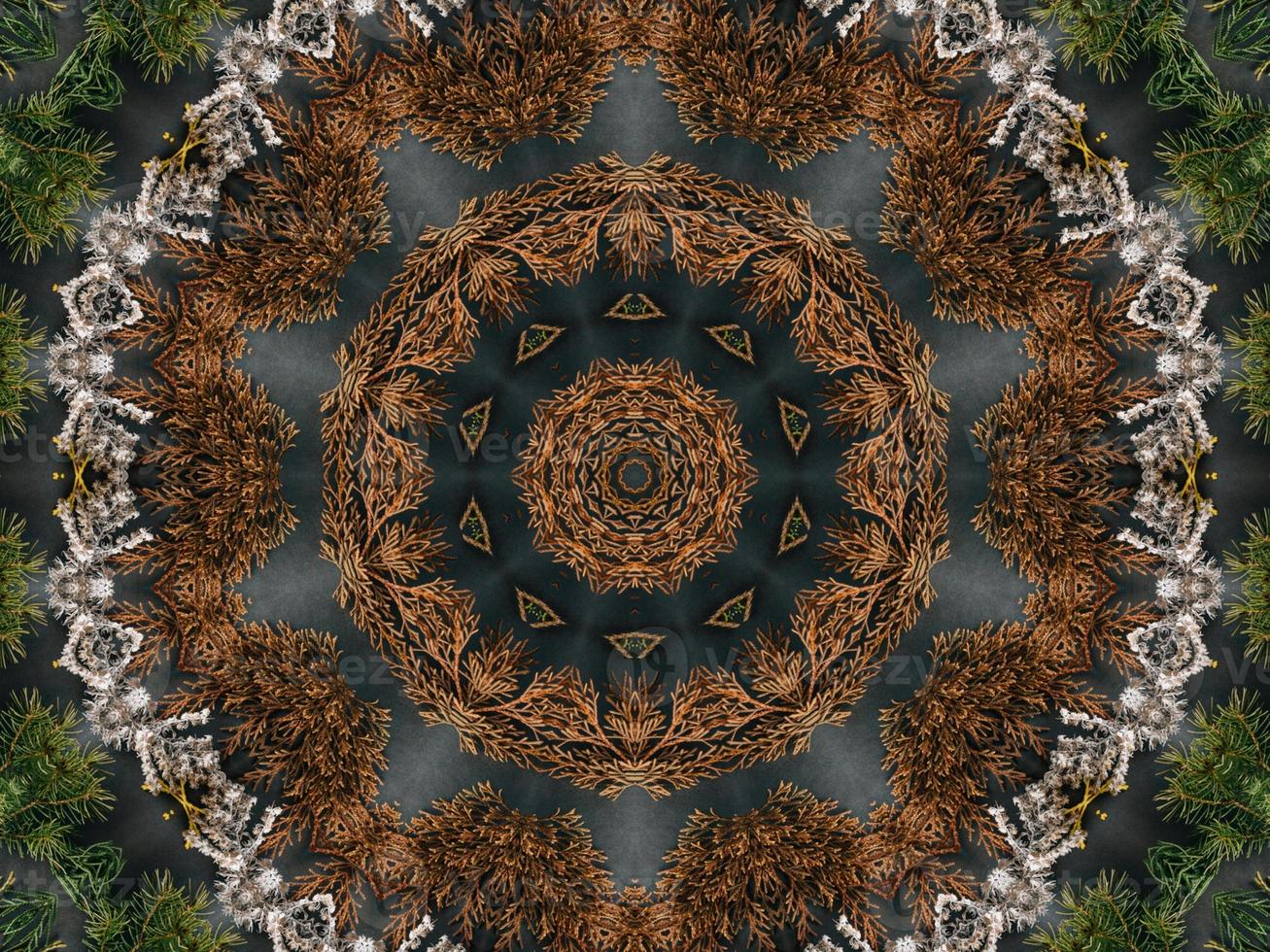 Black abstract kaleidoscope background with leaves ornament for christmas vibes pattern photo