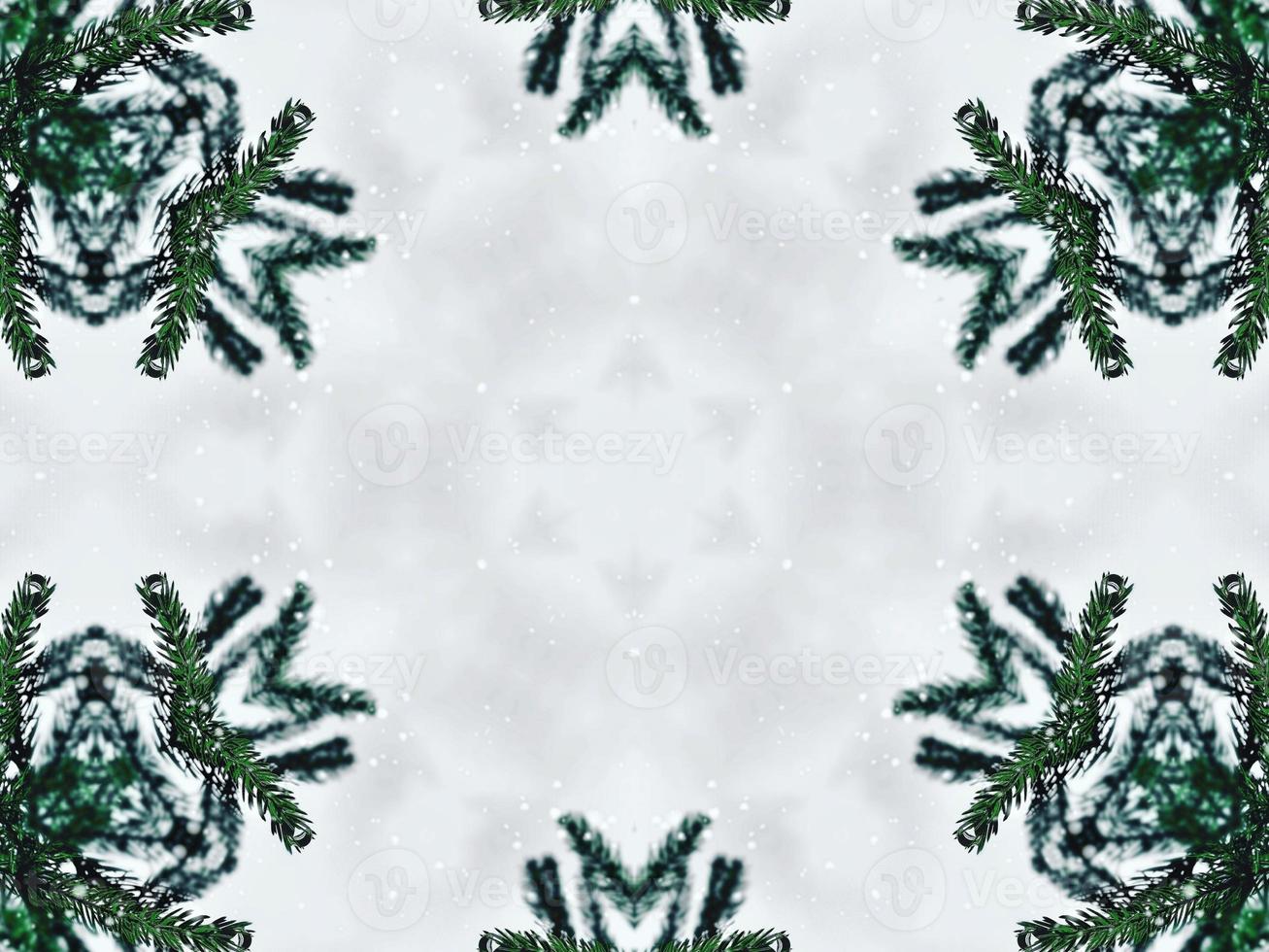 Blurry green leaves kaleidoscope background abstract flower and symmetric pattern for christmas vibes photo