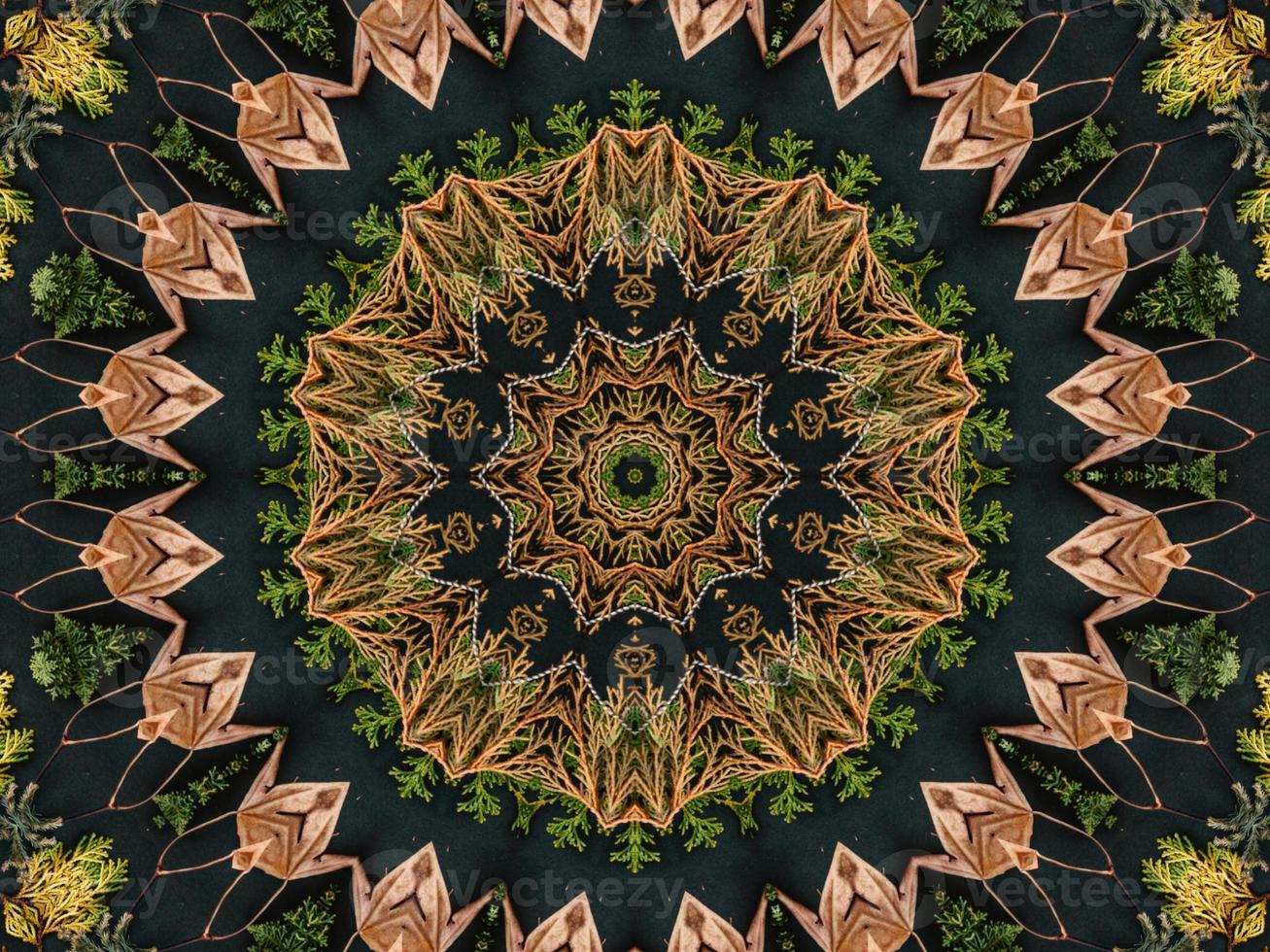 Black abstract kaleidoscope background with leaves ornament for christmas vibes pattern photo