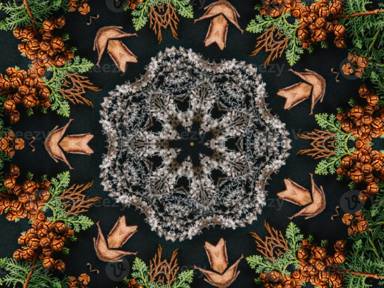 Black abstract kaleidoscope background with leaves ornament for christmas vibes pattern photo