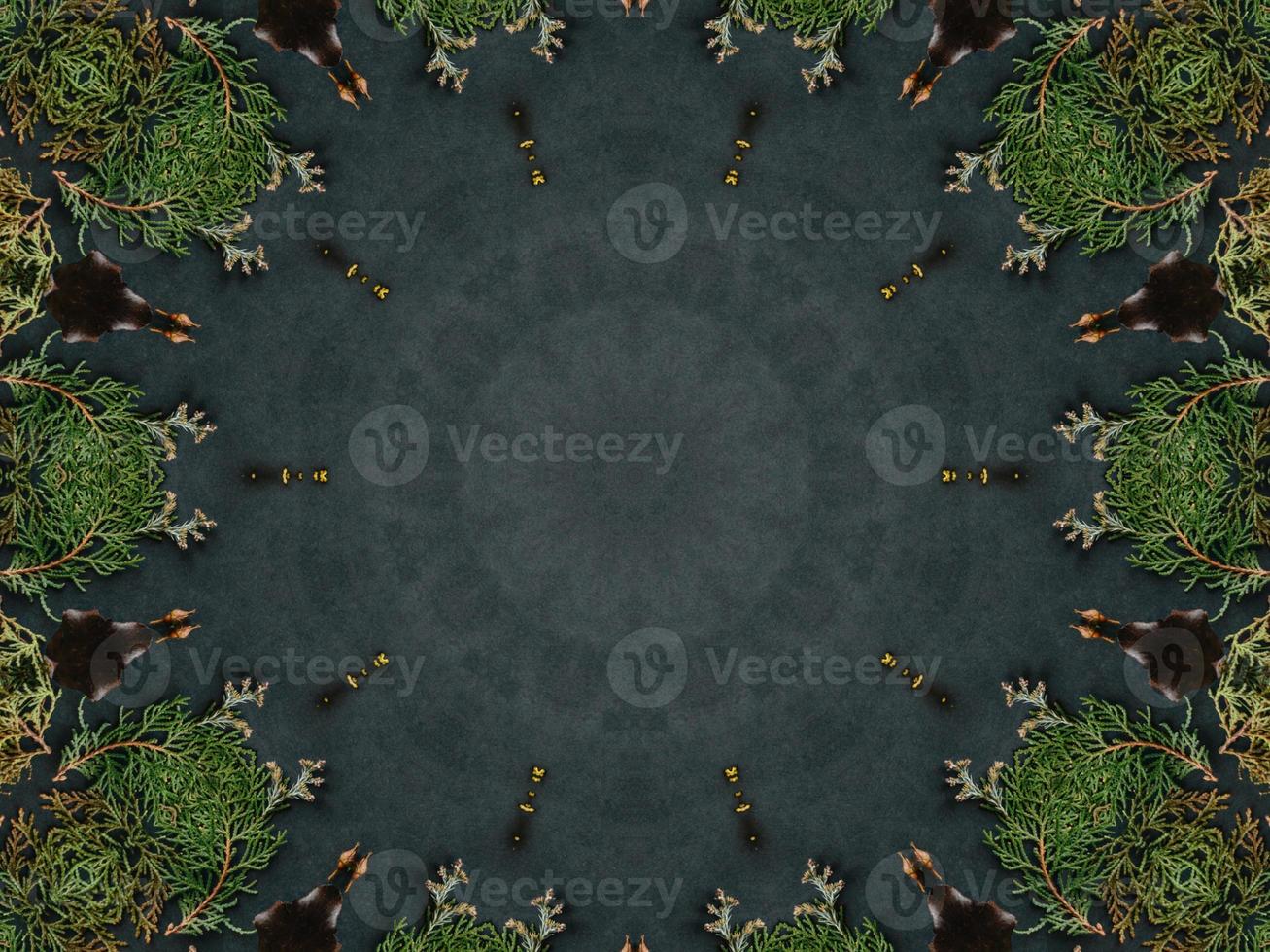 Black abstract kaleidoscope background with leaves ornament for christmas vibes pattern photo