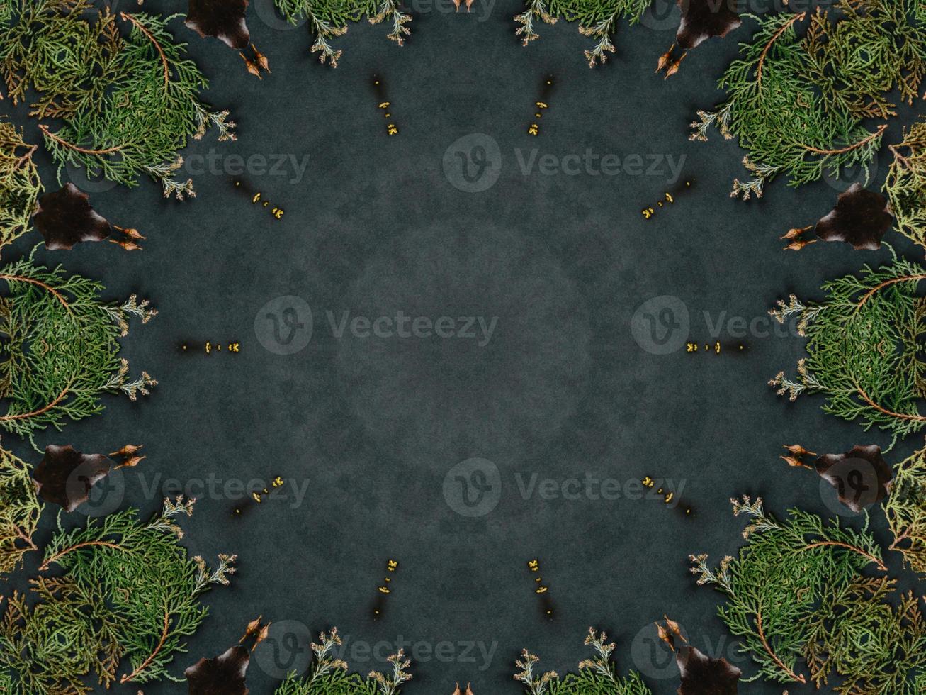 Black abstract kaleidoscope background with leaves ornament for christmas vibes pattern photo