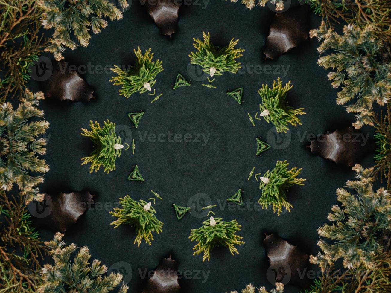 Black abstract kaleidoscope background with leaves ornament for christmas vibes pattern photo