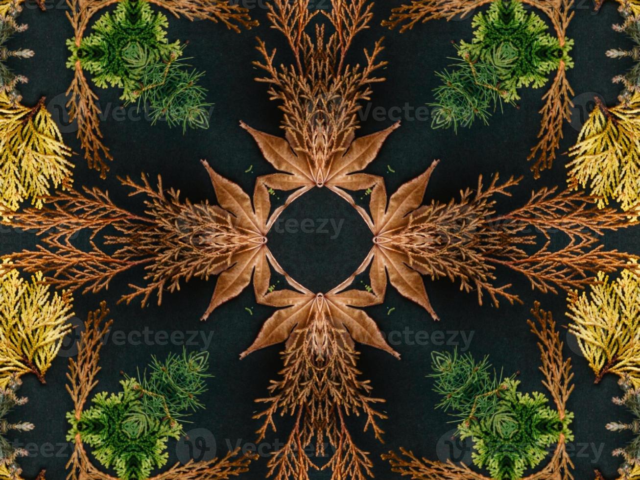 Black abstract kaleidoscope background with leaves ornament for christmas vibes pattern photo