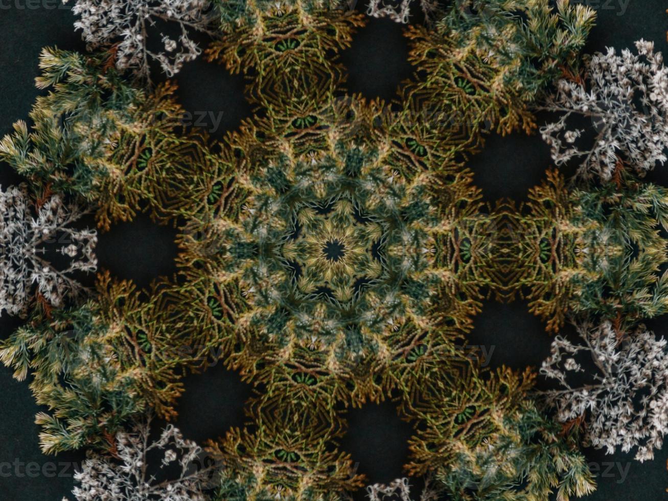Black abstract kaleidoscope background with leaves ornament for christmas vibes pattern photo