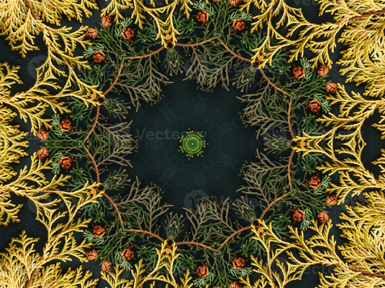 Black abstract kaleidoscope background with leaves ornament for christmas vibes pattern photo