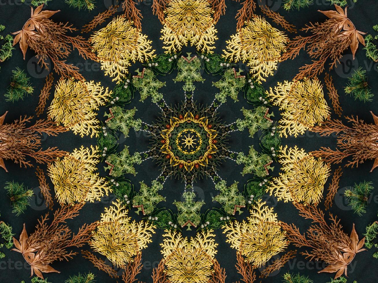 Black abstract kaleidoscope background with leaves ornament for christmas vibes pattern photo