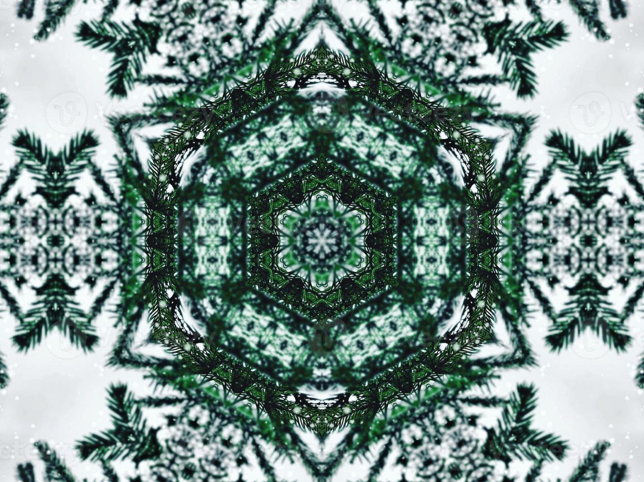 Blurry green leaves kaleidoscope background abstract flower and symmetric pattern for christmas vibes photo