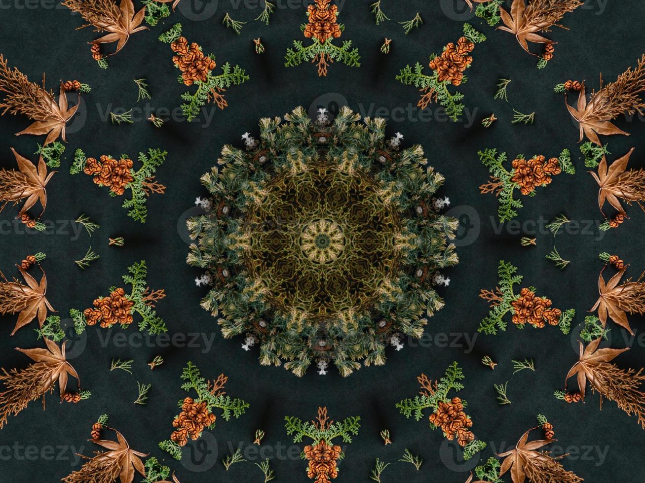 Black abstract kaleidoscope background with leaves ornament for christmas vibes pattern photo