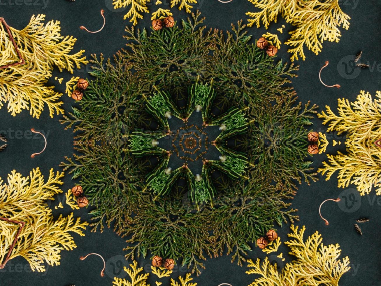Black abstract kaleidoscope background with leaves ornament for christmas vibes pattern photo