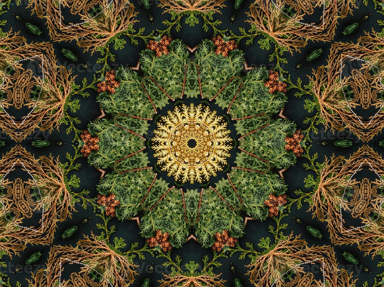 Black abstract kaleidoscope background with leaves ornament for christmas vibes pattern photo