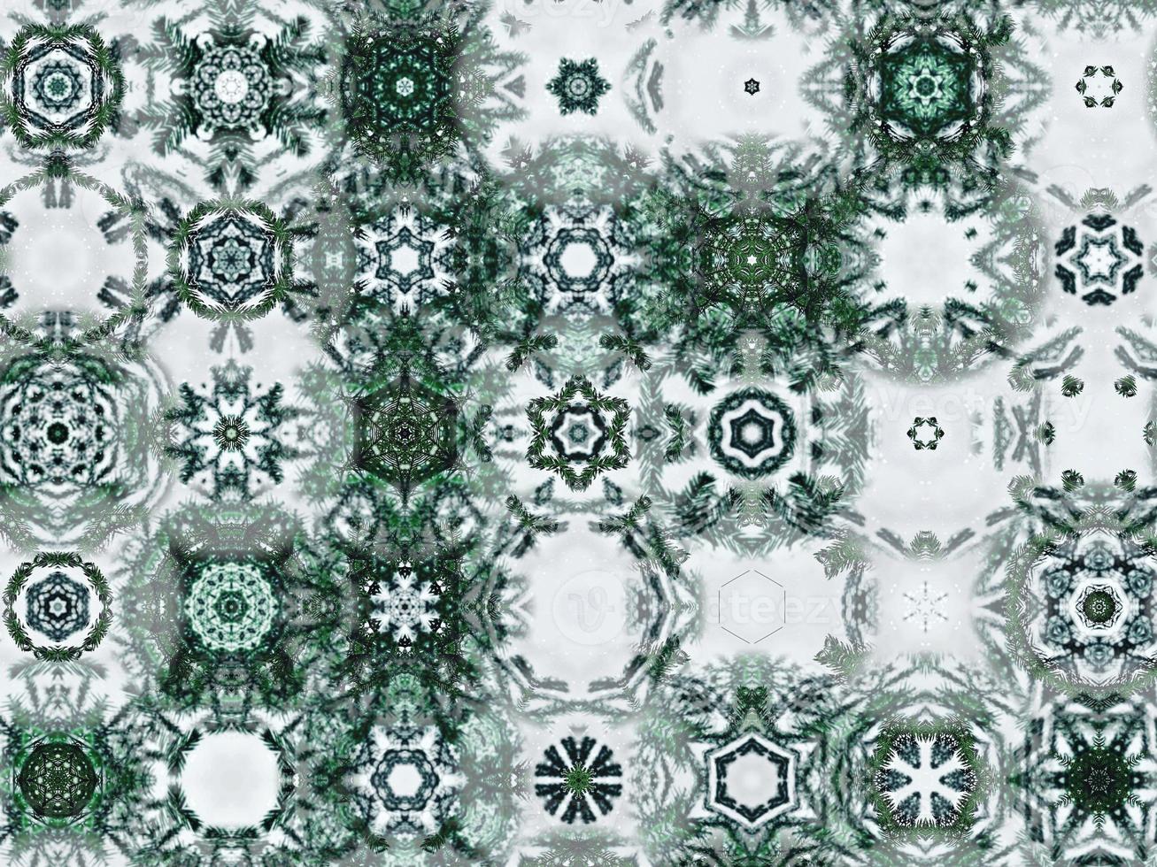 Blurry green leaves kaleidoscope background abstract flower and symmetric pattern for christmas vibes photo
