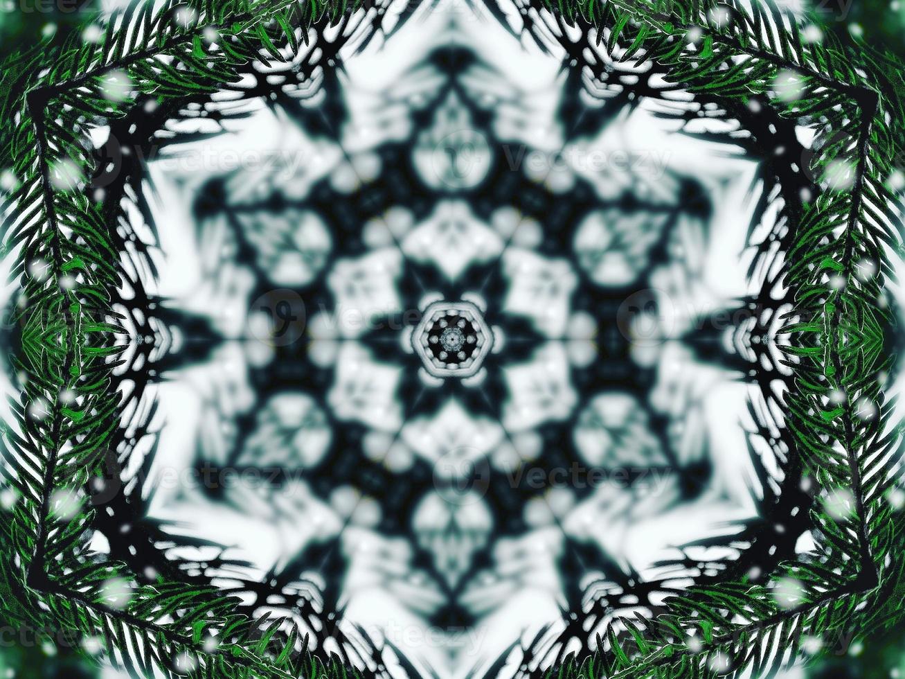Blurry green leaves kaleidoscope background abstract flower and symmetric pattern for christmas vibes photo