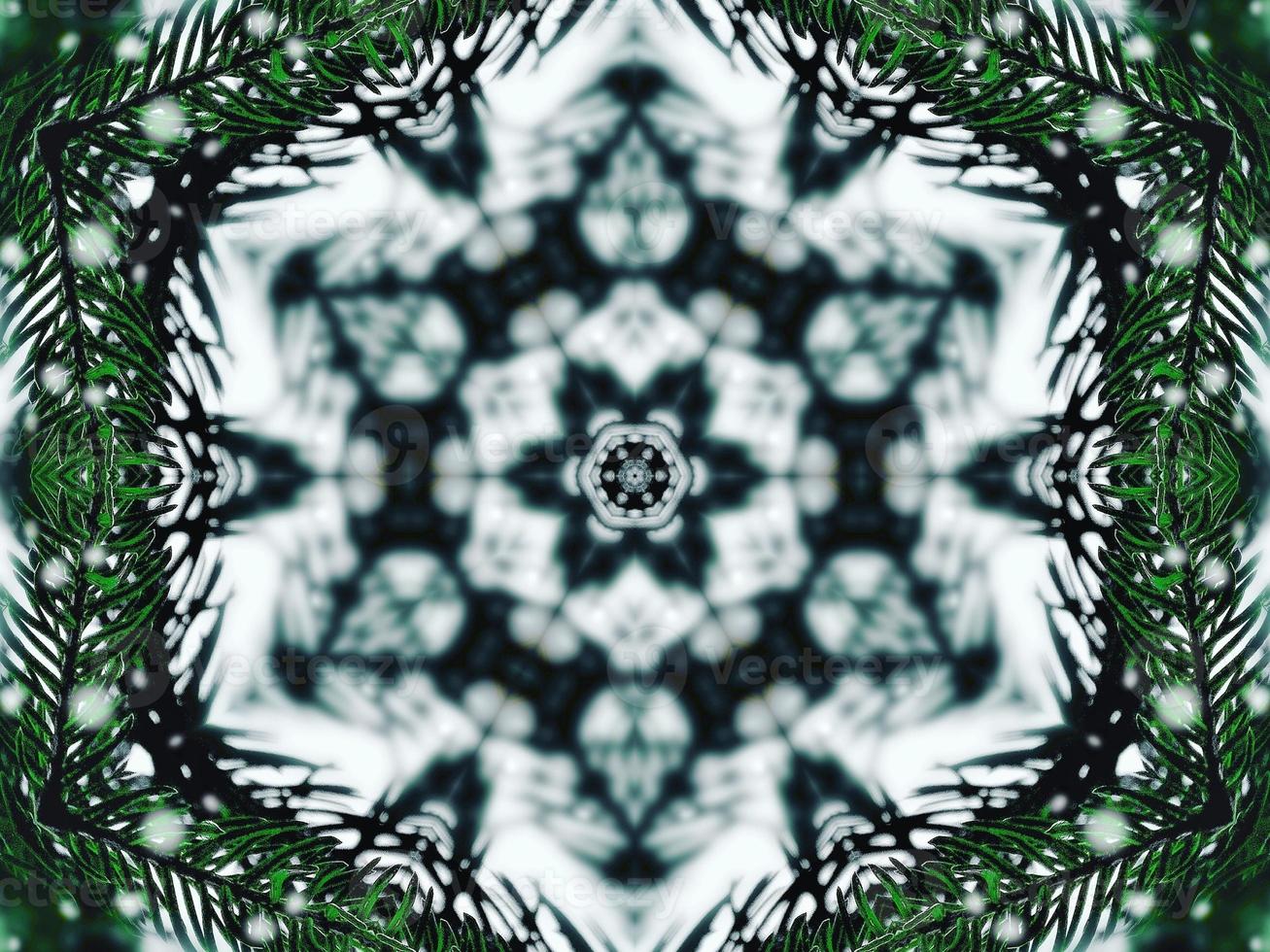 Blurry green leaves kaleidoscope background abstract flower and symmetric pattern for christmas vibes photo