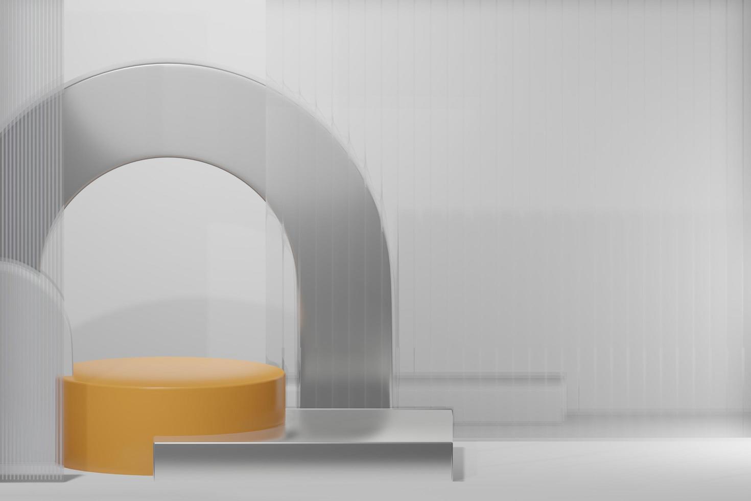 Circular base 3D glass and metalic realistic empty display podium for product placement scene presentation background photo