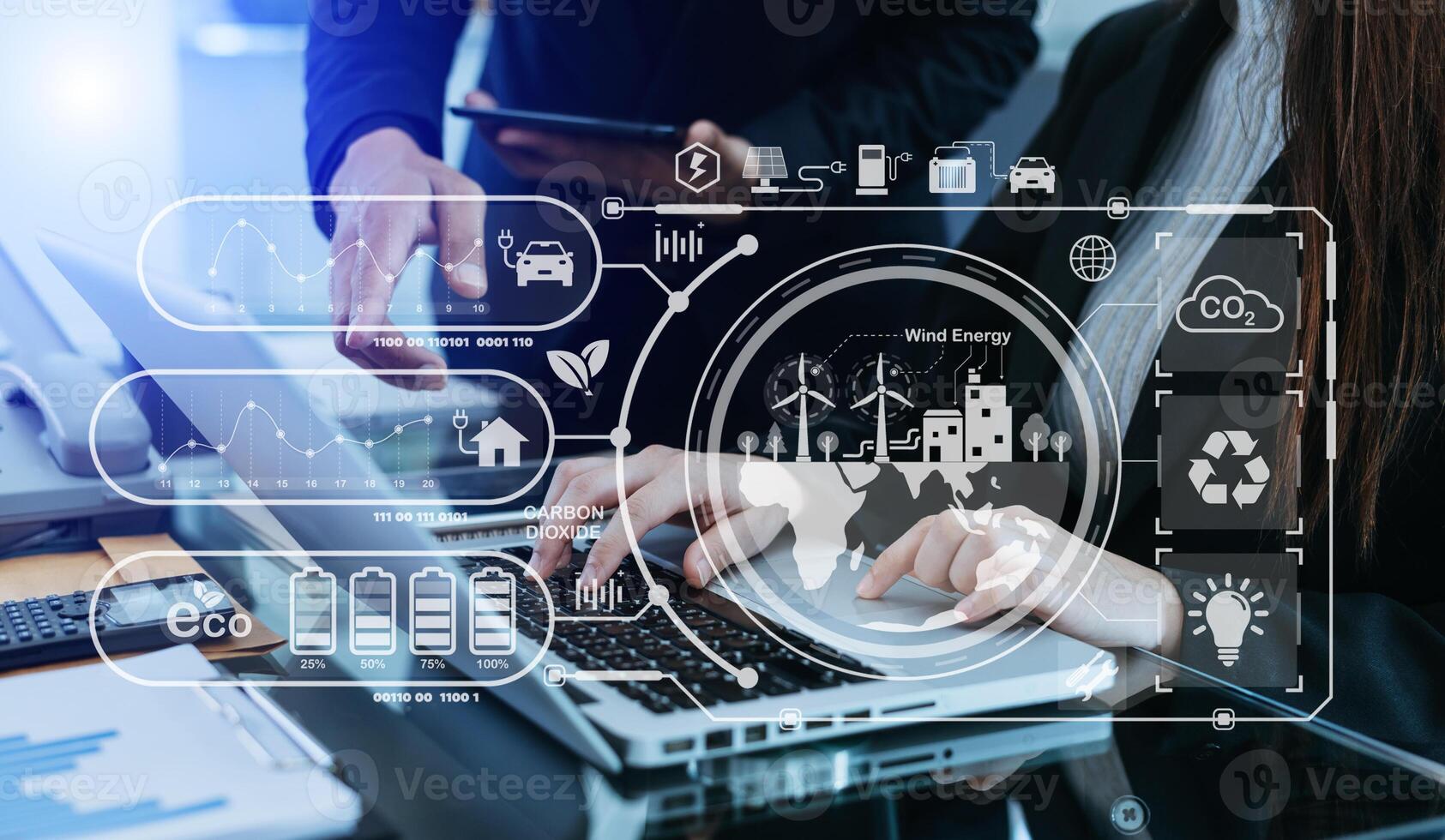 Business team working virtual modern smartphone to reduce CO2 emissions carbon footprint climate change to limit global warming.Sustainable development and green business concept. photo
