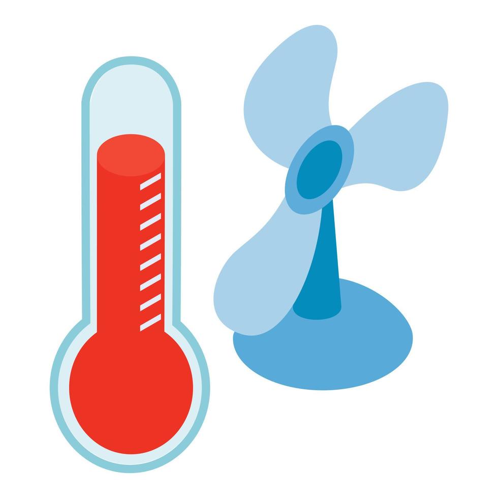 vector isométrico de icono de verano caliente. icono de ventilador de mesa azul y termómetro al rojo vivo