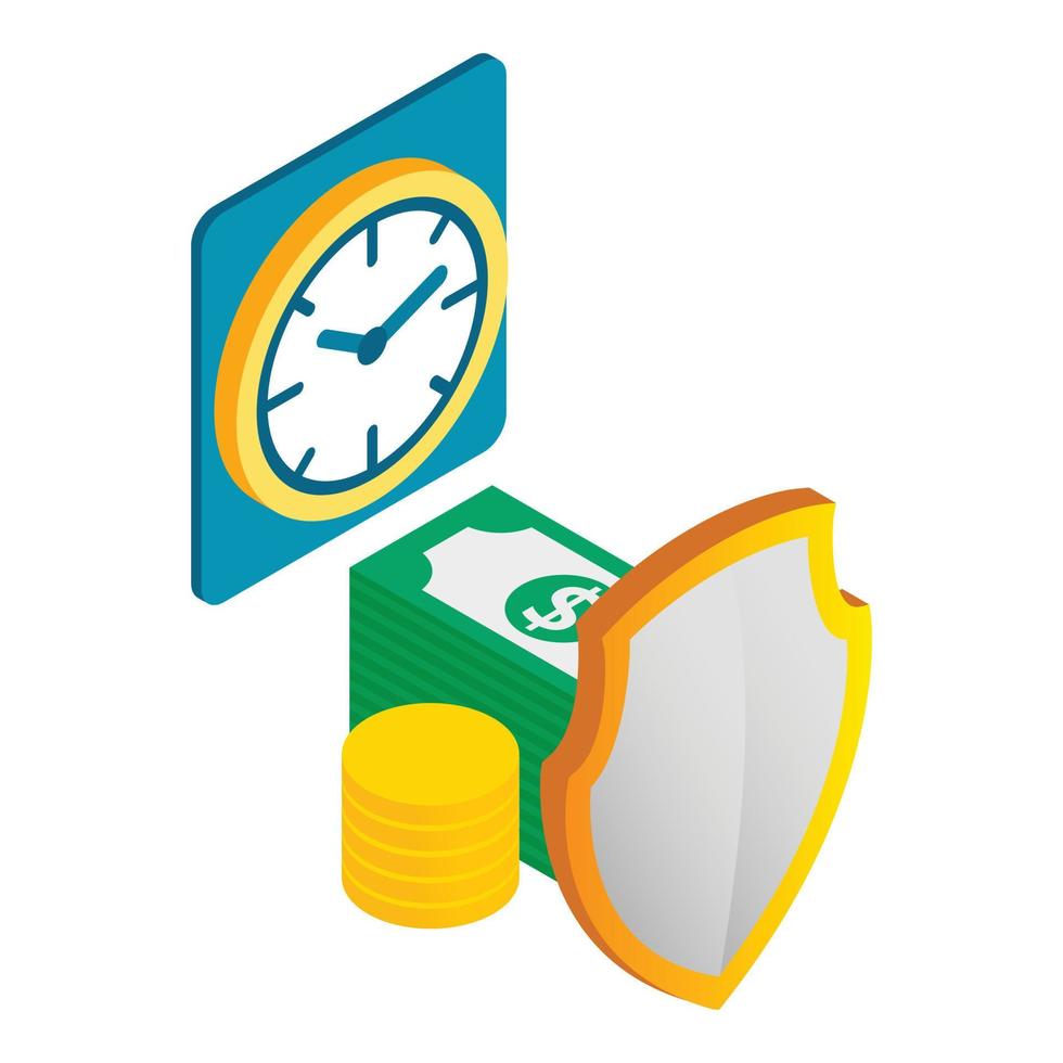 Financial insurance icon isometric vector. Clock stack of money behind shield vector