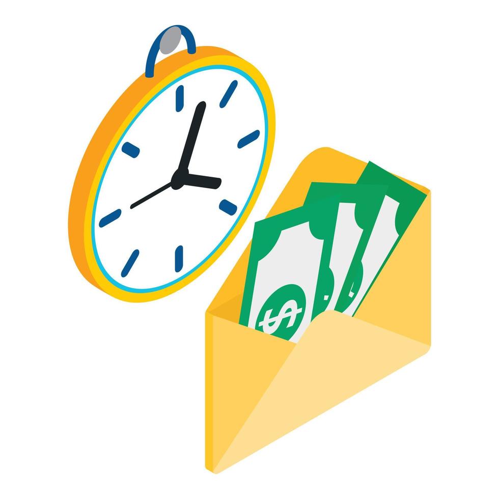 Financial planning icon isometric vector. Wall clock and dollar bill in envelope vector