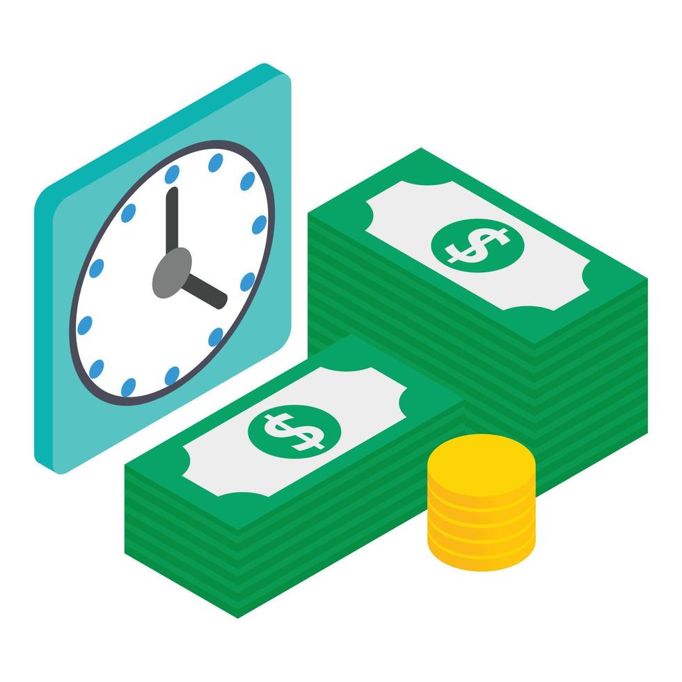 Loan management icon isometric vector. Clock stack of paper bill and golden coin vector