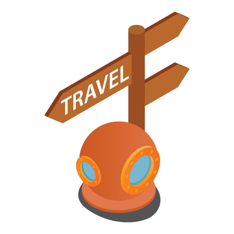 Travel concept icon isometric vector. Old vintage diving helmet and road sign vector